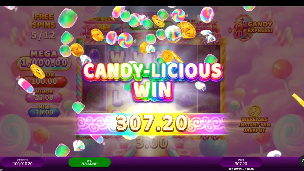 Candy Express Gold Blitz slot game interface na may makukulay na kendi at tren
