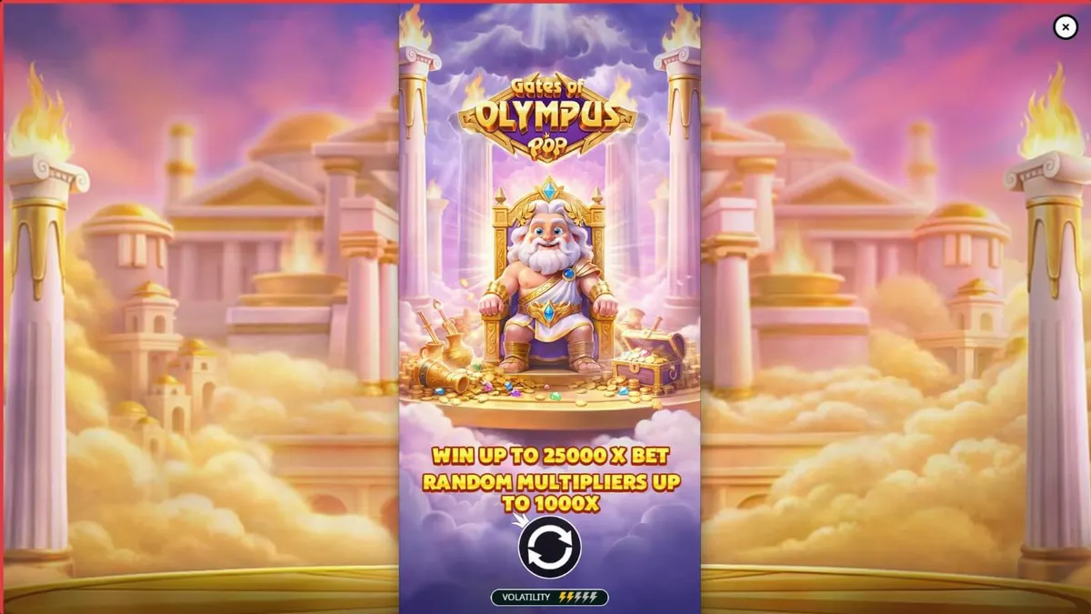 Visual na disenyo ng Gates of Olympus POP slot na nagpapakita ng 3x5 grid at gintong tema ng Olympus.