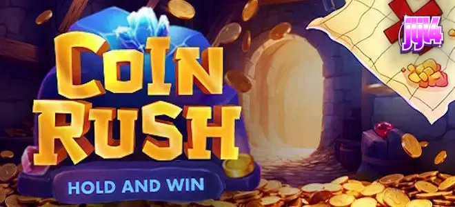 Isang makulay at mabilis na 3x3 slot game na Coin Rush na may mga barya at progress carts.